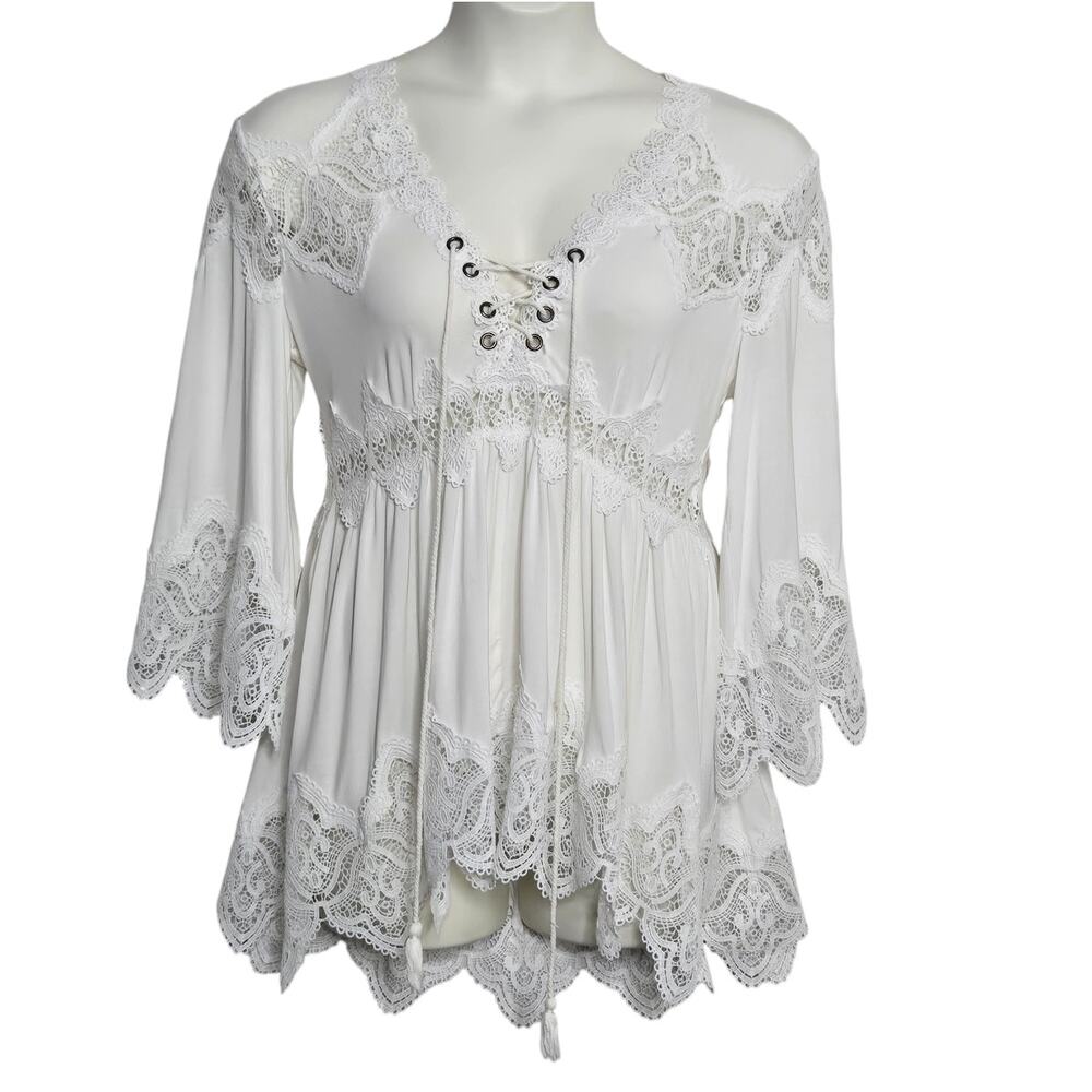 Womens Pol White Tunic Top Size Small Victorian Romantic Flowy Shirt Blouse